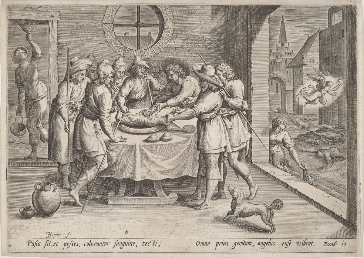 Preparation for the Passover by Jan Sadeler I; Maarten van Cleef, print, 1580-1590