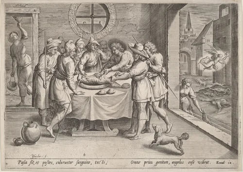Preparation for the Passover by Jan Sadeler I; Maarten van Cleef, print, 1580-1590
