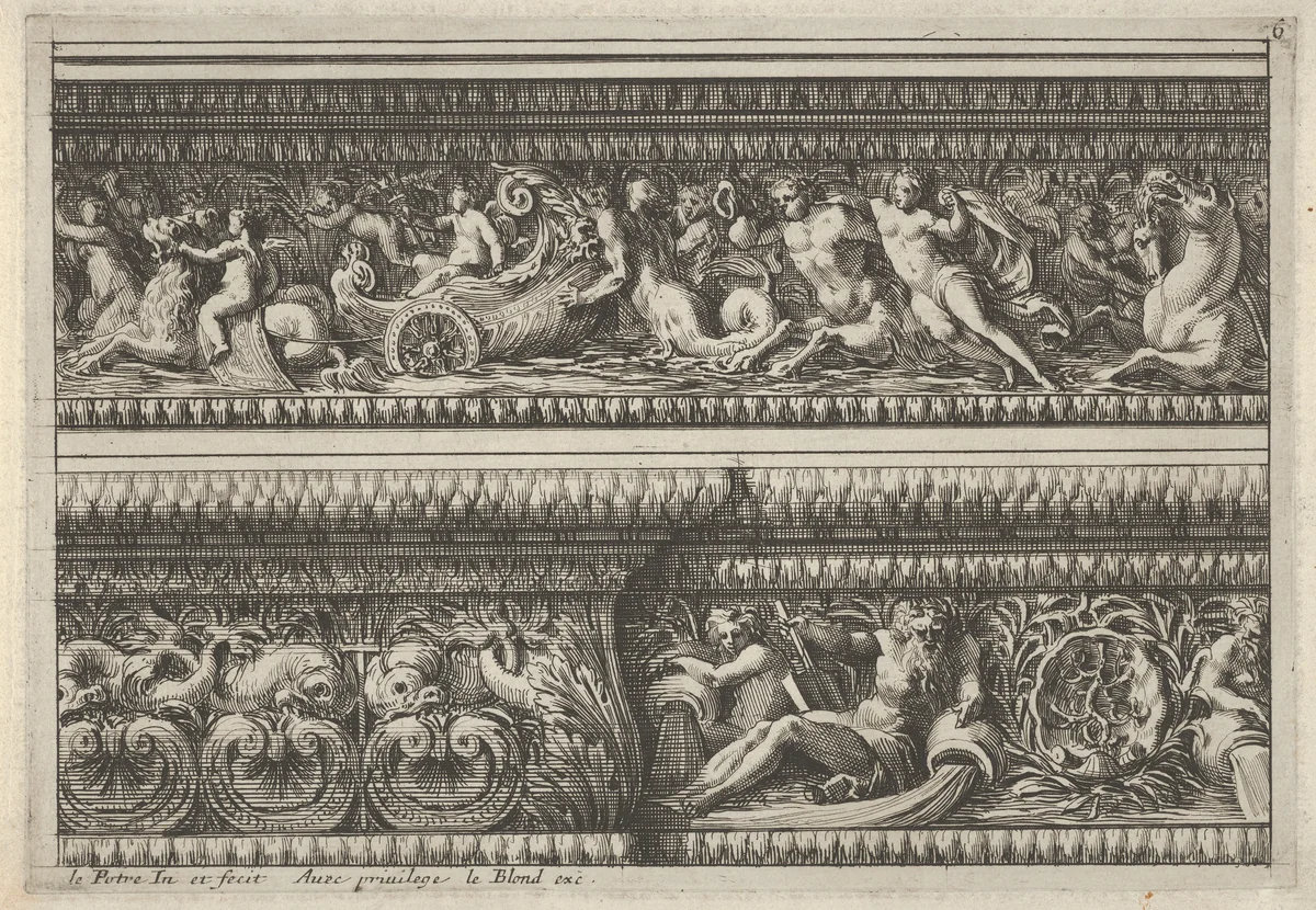Two decorated Frieze Designs for Cornices, from "Frise pour les architraves, corniches et autres ornaments d'architecture" by Jean Le Pautre, print, 1666
