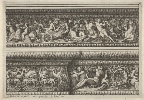 Two decorated Frieze Designs for Cornices, from "Frise pour les architraves, corniches et autres ornaments d'architecture" by Jean Le Pautre, print, 1666