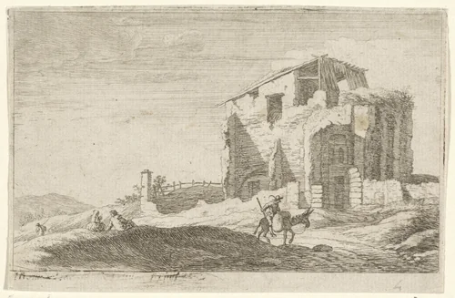 Gezicht op een ruïne met een ruiter by Herman van Swanevelt, print, 1629-1655