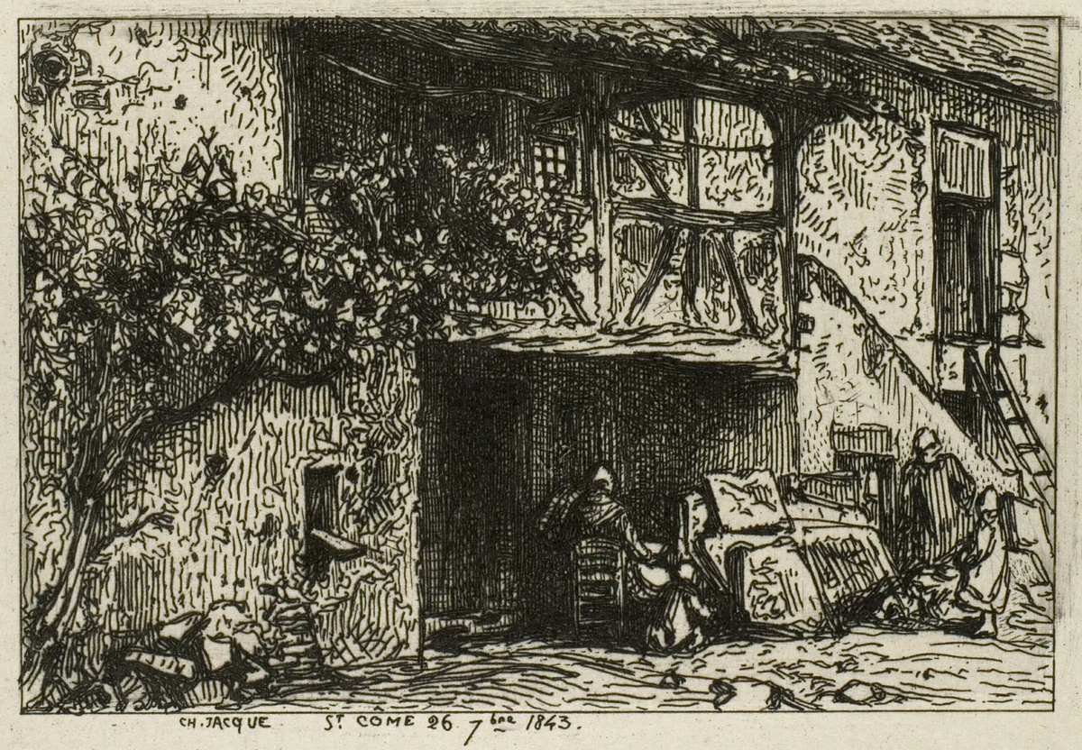 Stairs in Front of a House by Charles-Émile Jacque, print, 1843
