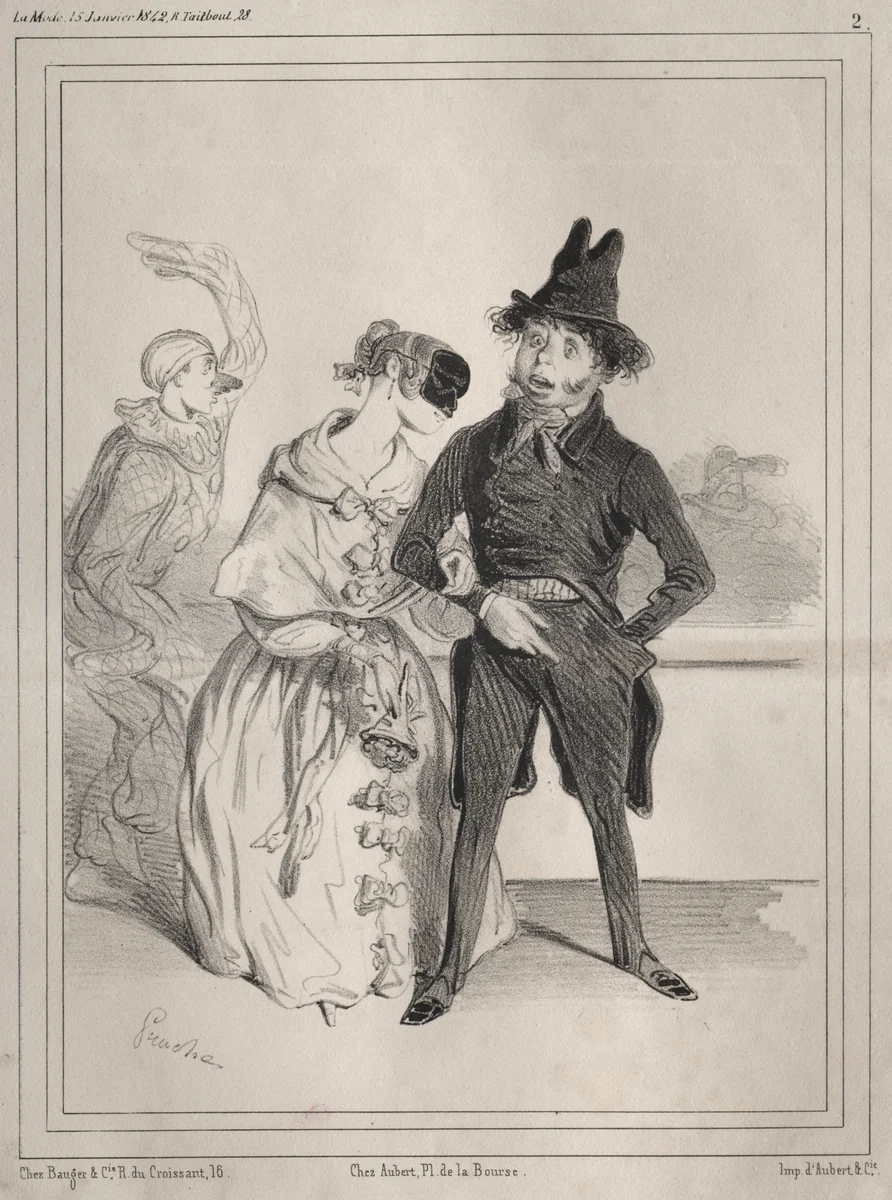 Pochades de carnaval: C'est singulier! elle me dit que je suis Philibert Désormeaux, et que je passe pour un imbecile!! ....où diable à-t-elle sù cela? by Clémente Pruche, print, 1842