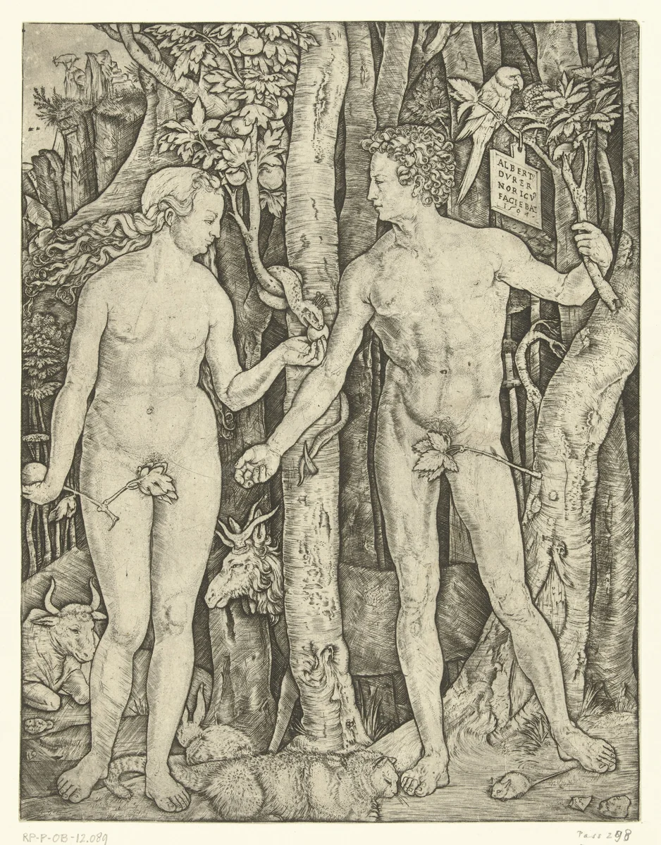 Adam en Eva bij boom van kennis van goed en kwaad in paradijs tijdens zondeval by Unknown, print, 1504-1536