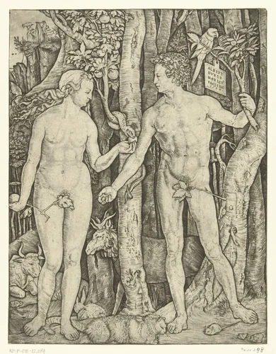 Adam en Eva bij boom van kennis van goed en kwaad in paradijs tijdens zondeval by Unknown, print, 1504-1536