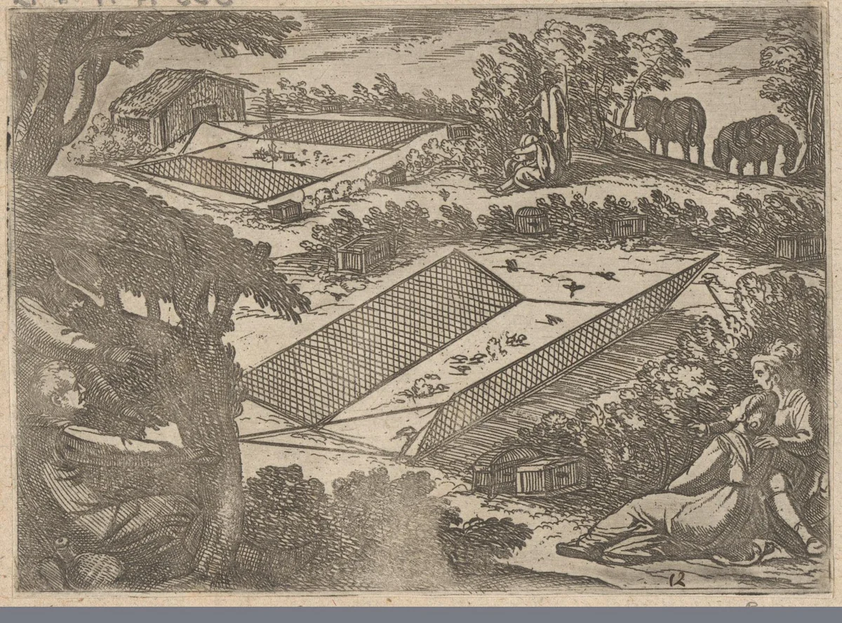 Jagers houden hun vogelvallen in de gaten by Antonio Tempesta, print, 1598