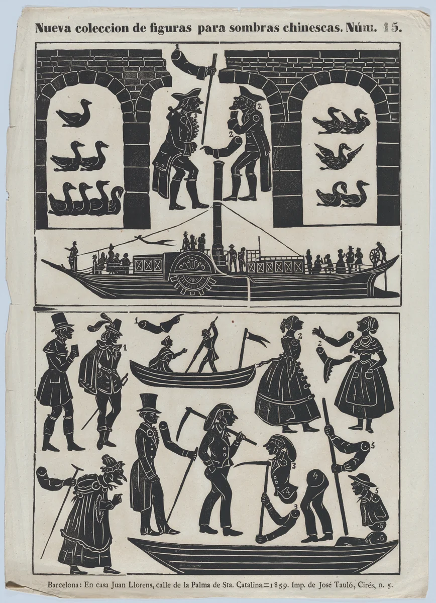 Sheet 15 of figures for Chinese shadow puppets by Juan Llorens, print, 1859