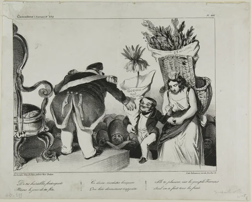 "From your obedient subjects receive on your day of honor these two modest bunches of flowers. They will make you rejoice, since the people of France alone has taken over the costs," plate 486 by Honoré-Victorin Daumier, print, 1835