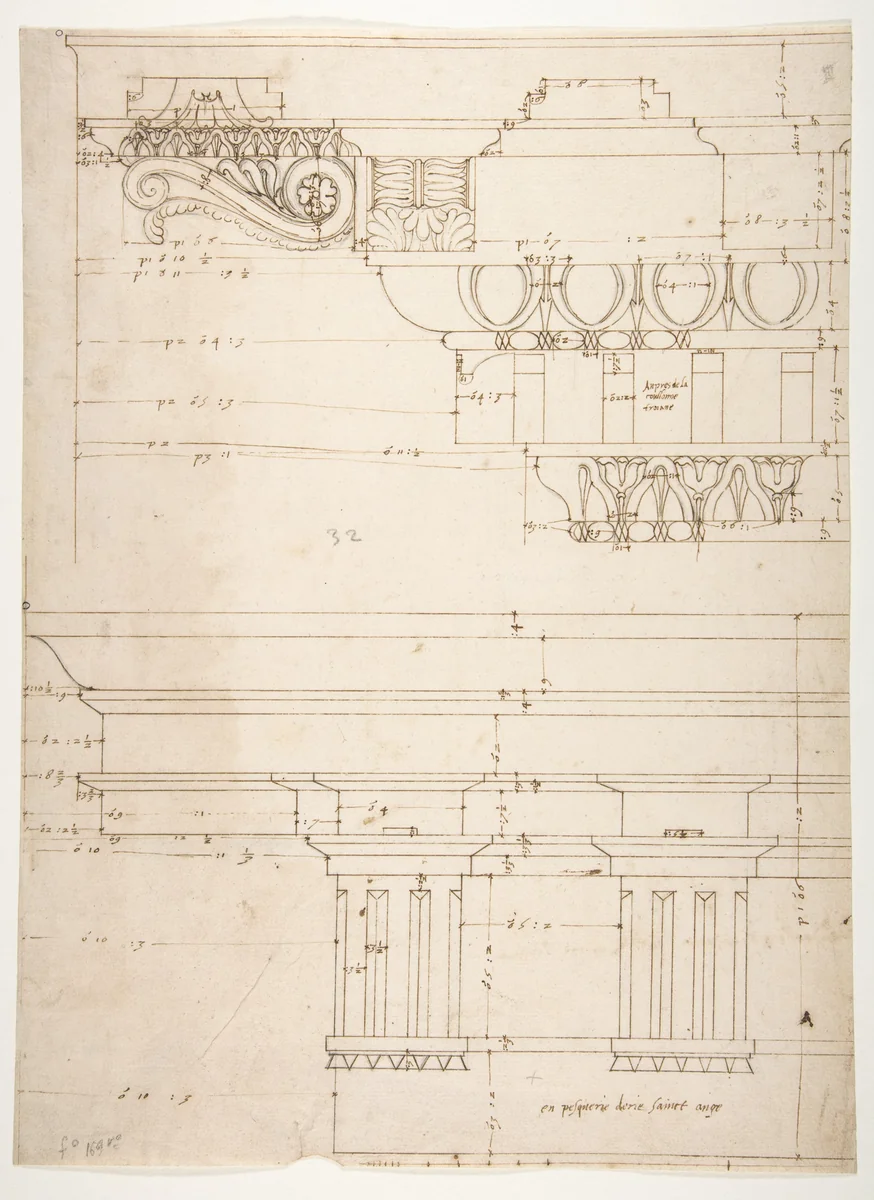 Basilica Ulpia, cornice, elevation profile with ornamental detailing; Domus Turciorum, entablature, elevation profile (recto) Domus Turciorum, elevation, perspective (verso) by anonymous, drawing, 1500-1560