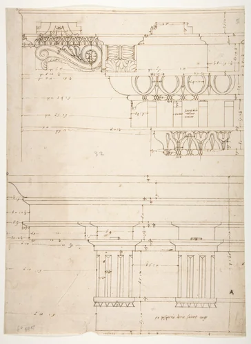Basilica Ulpia, cornice, elevation profile with ornamental detailing; Domus Turciorum, entablature, elevation profile (recto) Domus Turciorum, elevation, perspective (verso) by anonymous, drawing, 1500-1560