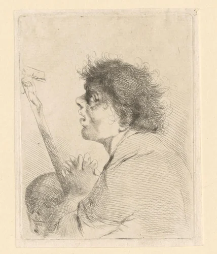 Biddende man voor een crucifix en schedel by Thomas Worlidge, print, 1710-1766