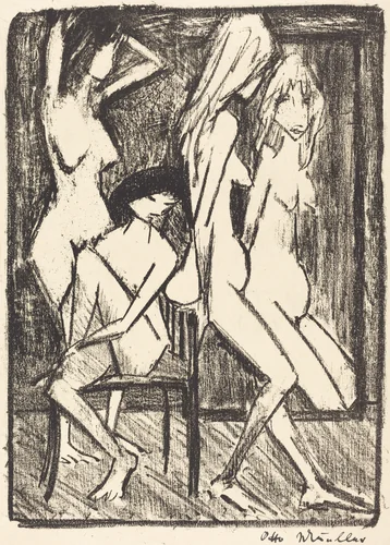 Three Girls in front of a Mirror (Drei Madchen vor dem Speigel) by Otto Mueller, print, 1922
