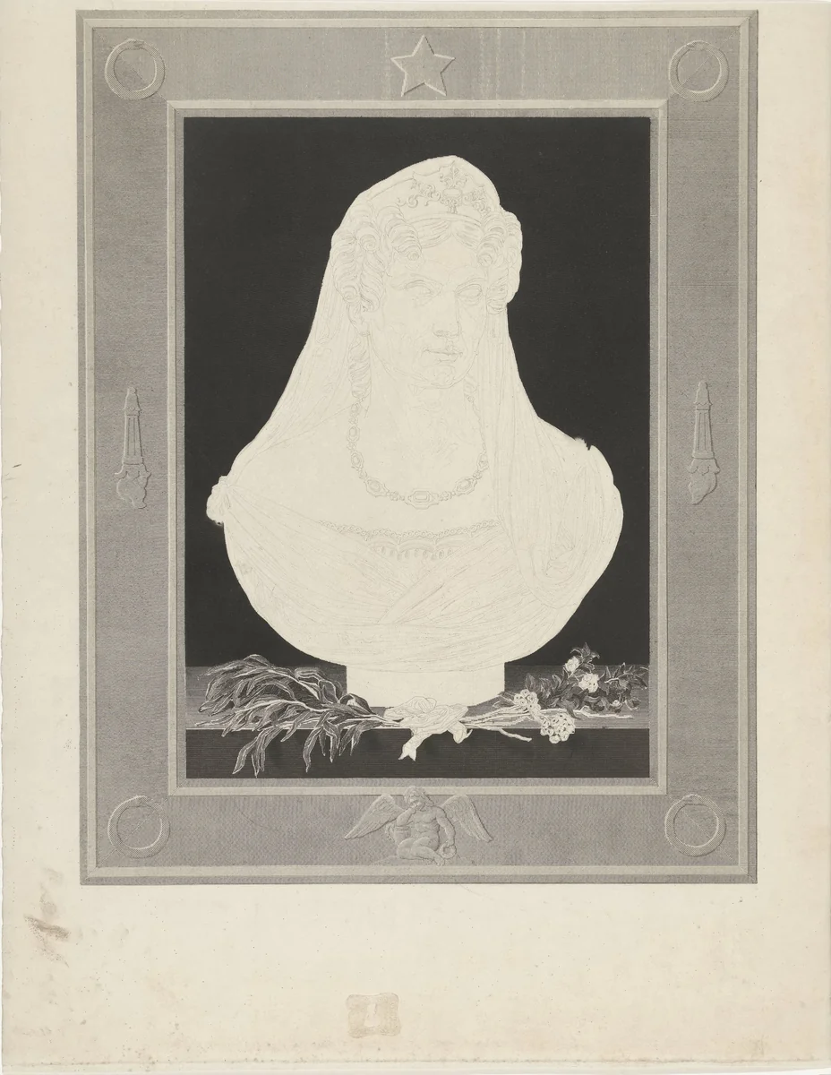 Buste van Wilhelmina van Pruisen by Henricus Wilhelmus Couwenberg, print, 1838-1840