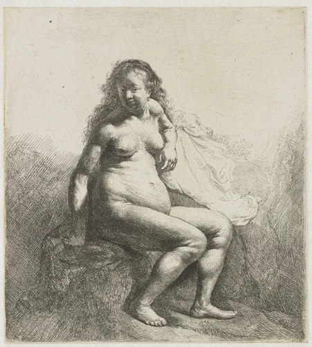 Naked Woman on a Mound by Rembrandt van Rijn, print, 1631