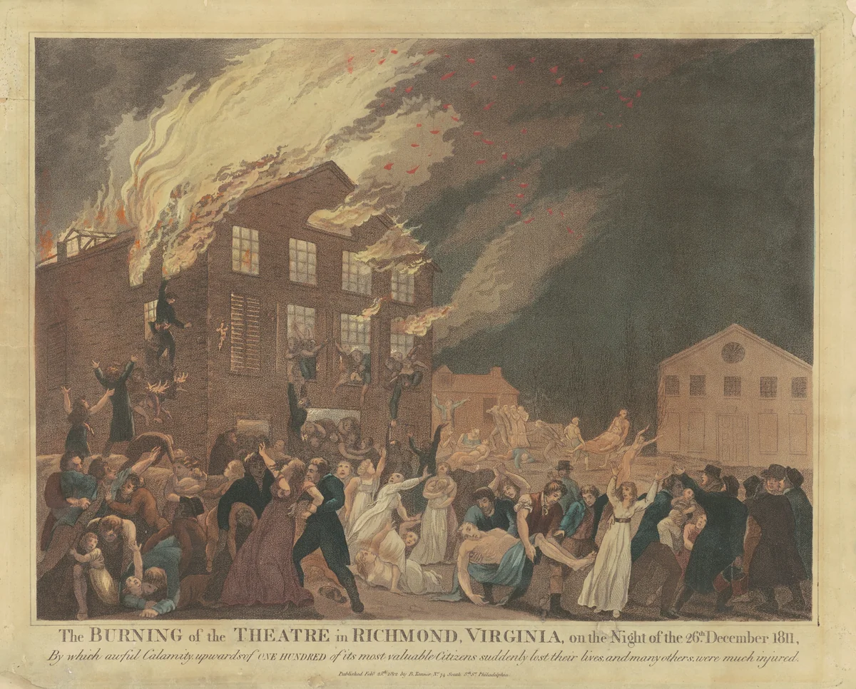 The Burning of the Theatre in Richmond, Virginia by Benjamin Tanner, print, 1812