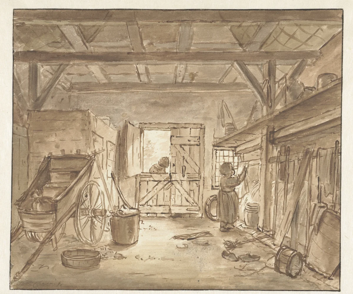 Stalinterieur met een meisje dat een doek ophangt by Christina Chalon, drawing, 1770-1772