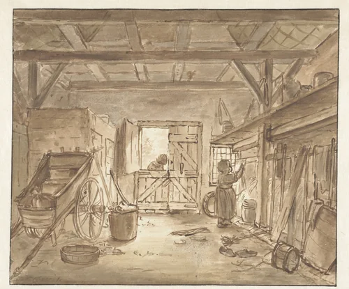 Stalinterieur met een meisje dat een doek ophangt by Christina Chalon, drawing, 1770-1772