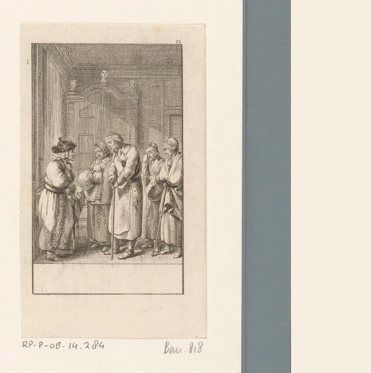 Mannen en vrouwen in de rij voor Voltaire by Daniel Nikolaus Chodowiecki, print, 1781