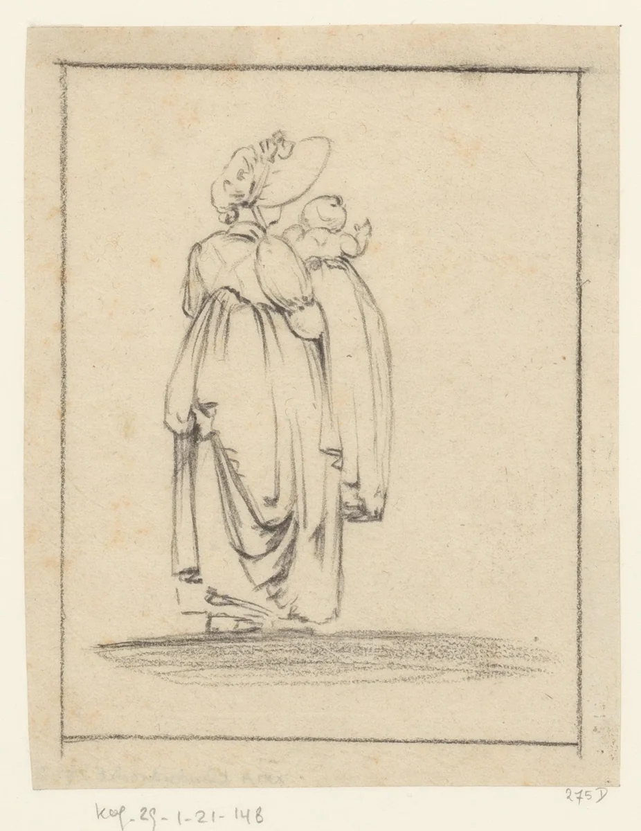 Vrouw met kind op haar arm op de rug gezien by anonymous, drawing, 1800-1849
