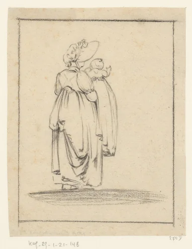Vrouw met kind op haar arm op de rug gezien by anonymous, drawing, 1800-1849