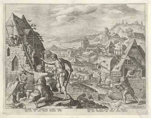 Kaïn bouwt de stad Henoch by Unknown, print, 1583