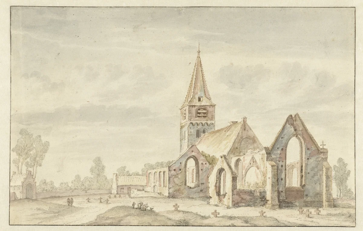 Kerk naast de ruïnes van een oude kerk te Velsen by anonymous, drawing, 1600-1800