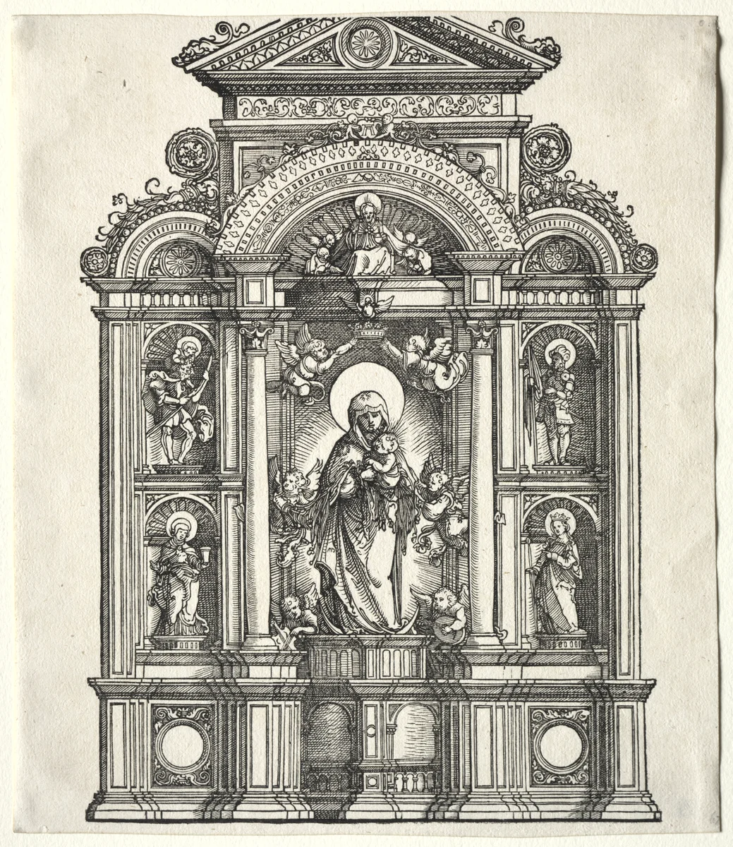 Great Altar with the Virgin, in a border with SS. Christopher, George, Barbara, Catherine by Albrecht Altdorfer, print, 1520