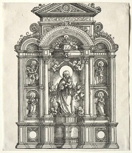 Great Altar with the Virgin, in a border with SS. Christopher, George, Barbara, Catherine by Albrecht Altdorfer, print, 1520