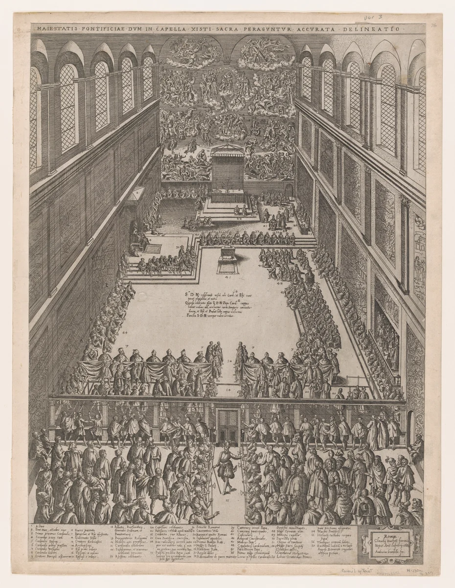 A Papal Gathering in the Sistine Chapel, Michelangelo's Last Judgement on the back wall; the crowd looks on through a screen, from "Speculum Romanae Magnificentiae" by Giovanni Ambrogio Brambilla, print, 1582