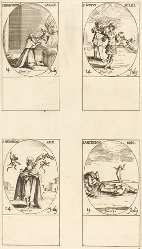 St. Bonaventura; St. Justus; St. Henry, Emperor; St. Antiochus by Jacques Callot, print, 1627-1637
