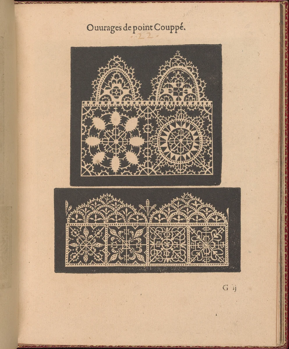 Les Singuliers et Nouveaux Portraicts... page 26 (recto) by Federico de Vinciolo, book, 1588