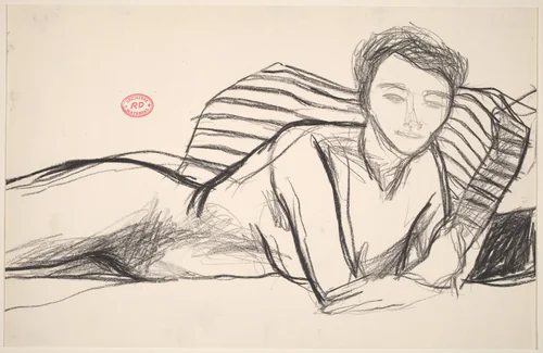 Untitled [model lying with her belly on the bed and looking up] by Richard Diebenkorn, drawing, 1955-1967