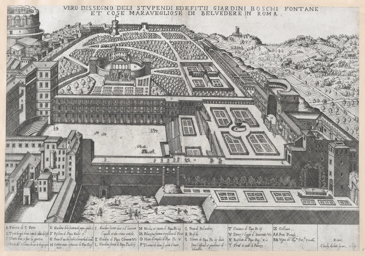 Aerial View of the Belvedere and its Gardens, from "Speculum Romanae Magnificentiae" by Giovanni Ambrogio Brambilla, print, 1579