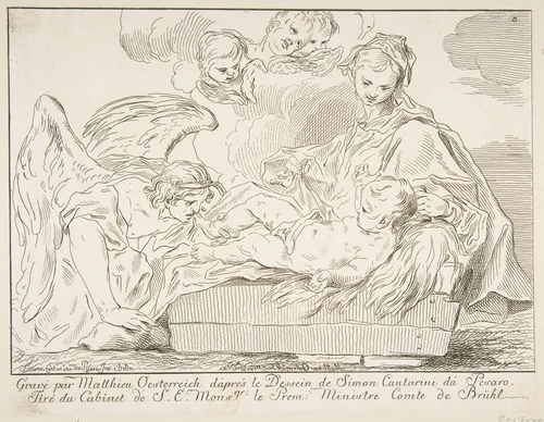 Virgin and Child with an angel by Matthias Oesterreich, print, 1752
