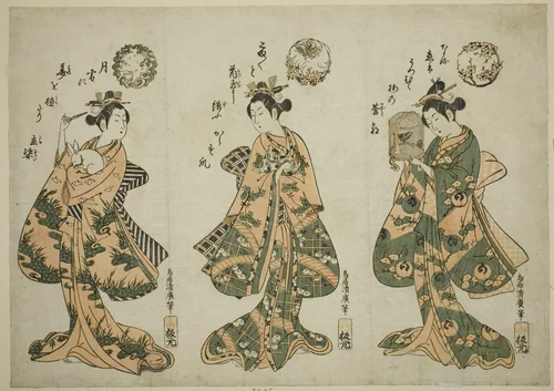 Three Young Women with Pets by Torii Kiyohiro, print, 1750-1760