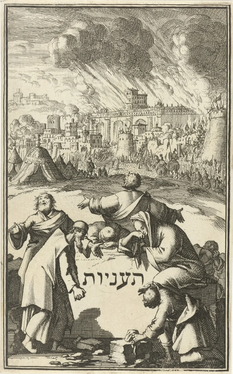 Zeven treurende en weeklagende Israëlieten omringen een steen by Jan Luyken, print, 1689