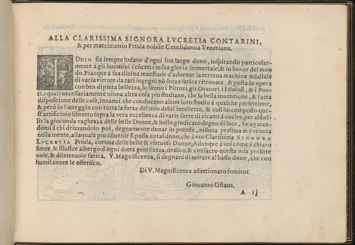 La Vera Perfettione del Disegno di varie sorti di recami, page 2 (recto) by Giovanni Ostaus, book, 1567