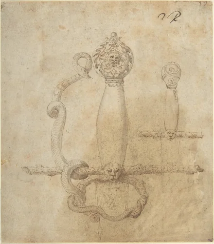 Two Designs for the Hilt of a Sword (recto); Two Designs for Helmets (verso) by anonymous, drawing, 1500-1600