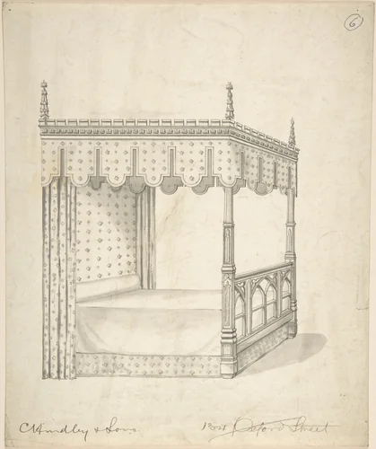 Design for a Gothic Bed with Canopy by Charles Hindley and Sons, drawing, 1841-1884