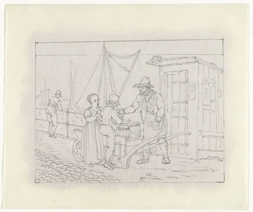 Kinderen bij een straatverkoper langs een kade by Pieter Bartholomeusz. Barbiers, drawing, 1782-1837