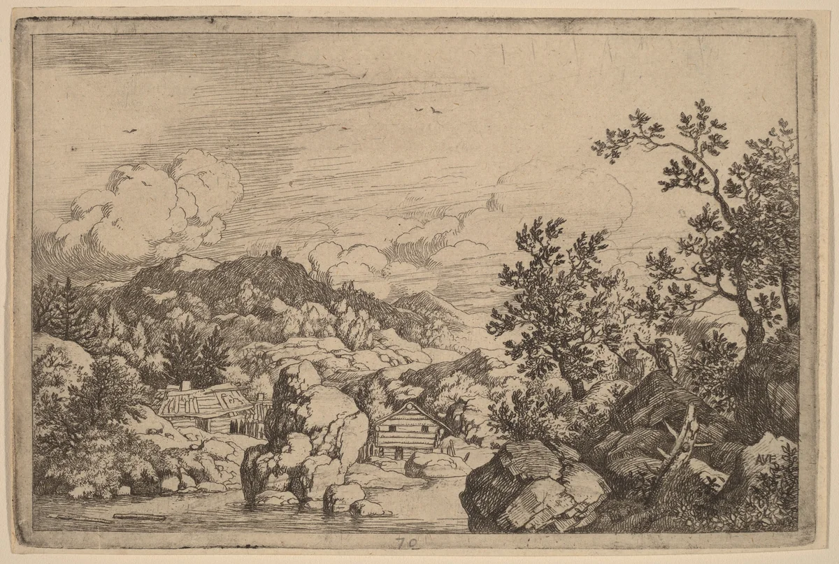 Large Rock Projecting from a River by Allart van Everdingen, print, 1645-1656