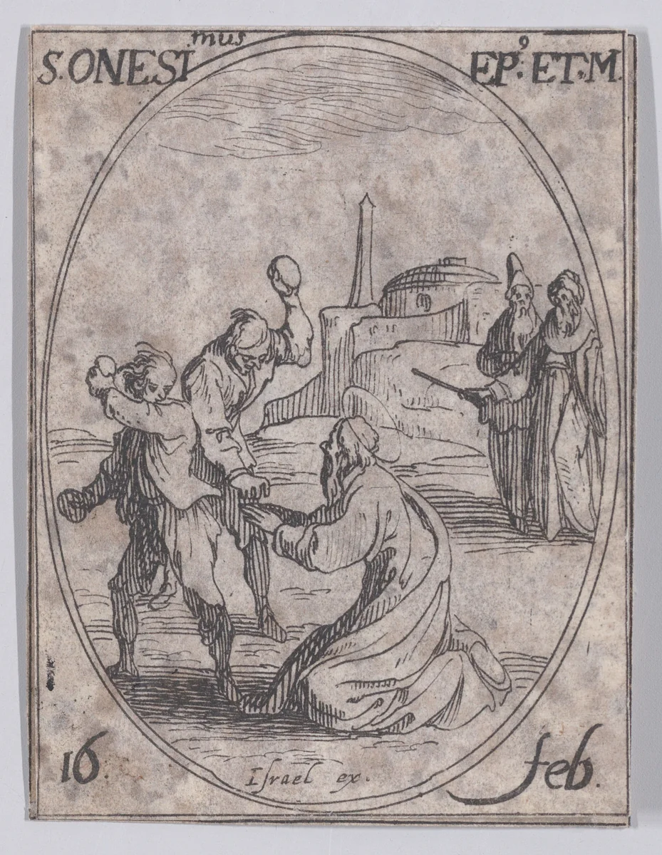 S. Onésime, évêque et martyr (St. Onesimus, Bishop and Martyr), February 16th, from "Les Images De Tous Les Saincts et Saintes de L'Année" (Images of All of the Saints and Religious Events of the Year) by Jacques Callot, print, 1636