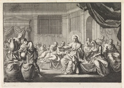 Christus op de bruiloft te Kana by Jan Luyken, print, 1703