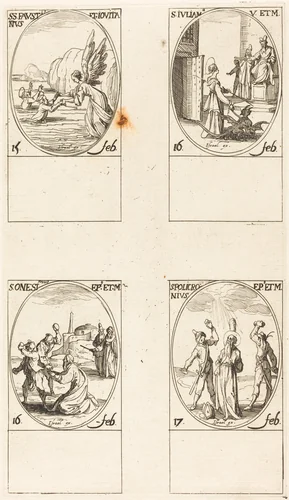 Sts. Faustinus and Jovita; St. Juliana; St. Onesimus; St. Policronius by Jacques Callot, print, 1627-1637