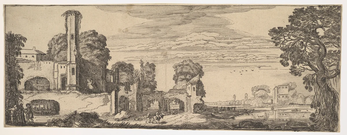 Riverscape with Ruins of a Castle, from "Landscapes and Ruins" by Jan van de Velde, print, 1610-1620