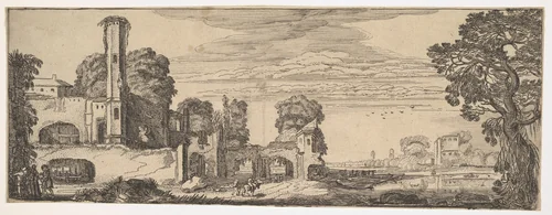 Riverscape with Ruins of a Castle, from "Landscapes and Ruins" by Jan van de Velde, print, 1610-1620