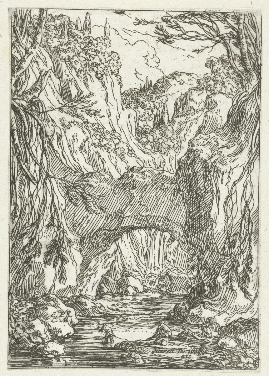 Landschap met rotsbrug by Jonas Umbach, print, 1634-1693