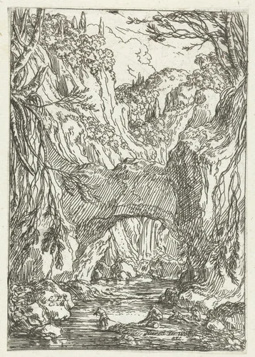 Landschap met rotsbrug by Jonas Umbach, print, 1634-1693