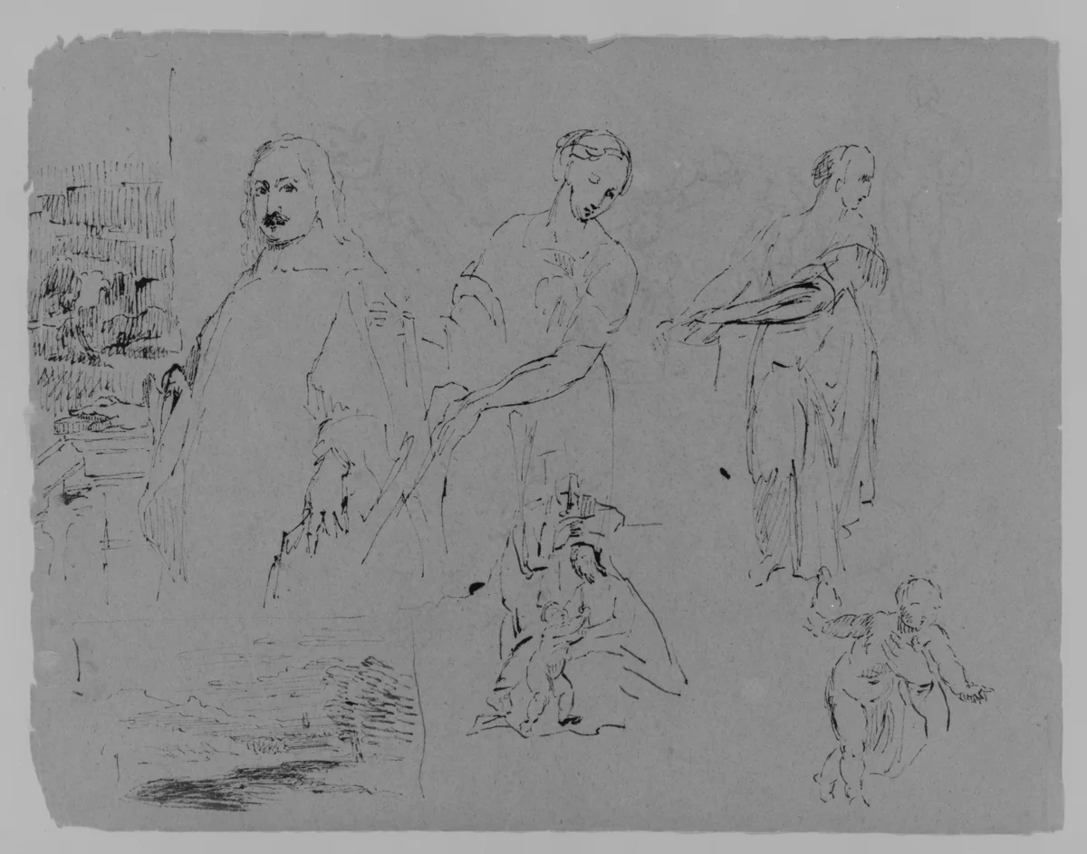 Portrait of [Poussin?]; Landscape Composition; Two Women; Woman and Child; Baby (from Sketchbook) by Thomas Sully, artwork, 1810-1820