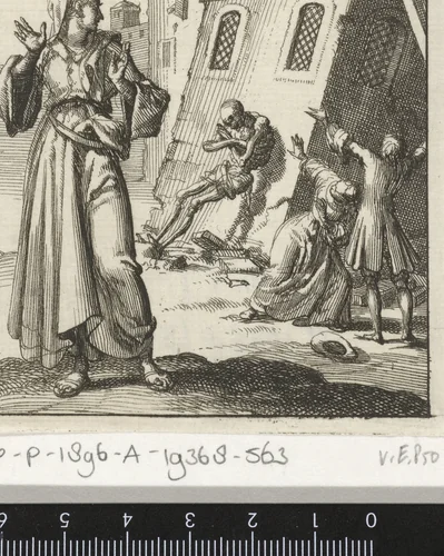Vrouw kijkt om naar een gebouw dat instort doordat de Dood er tegenaan leunt by Jan Luyken, print, 1687